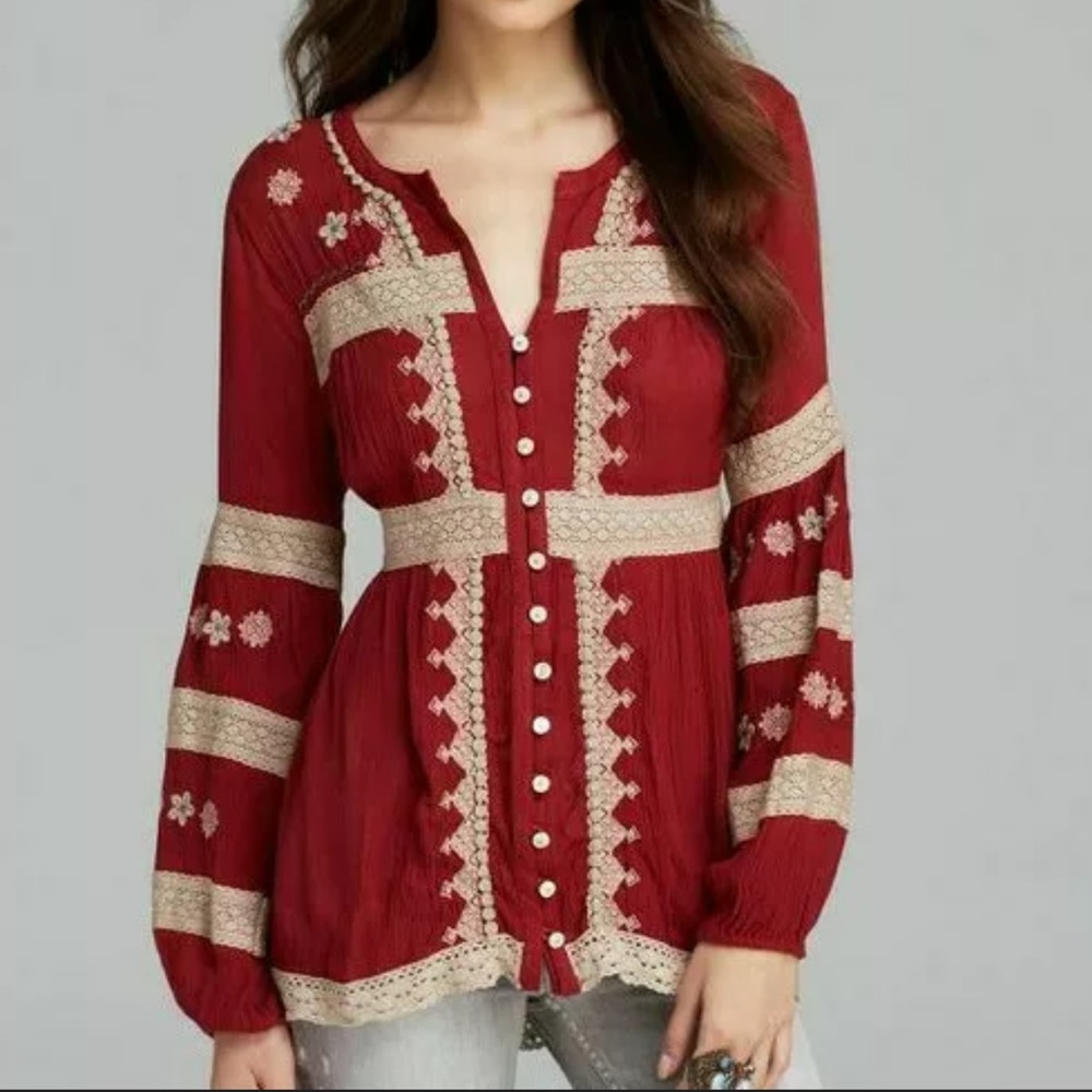 Free people iris embroidered top maroon boho xs